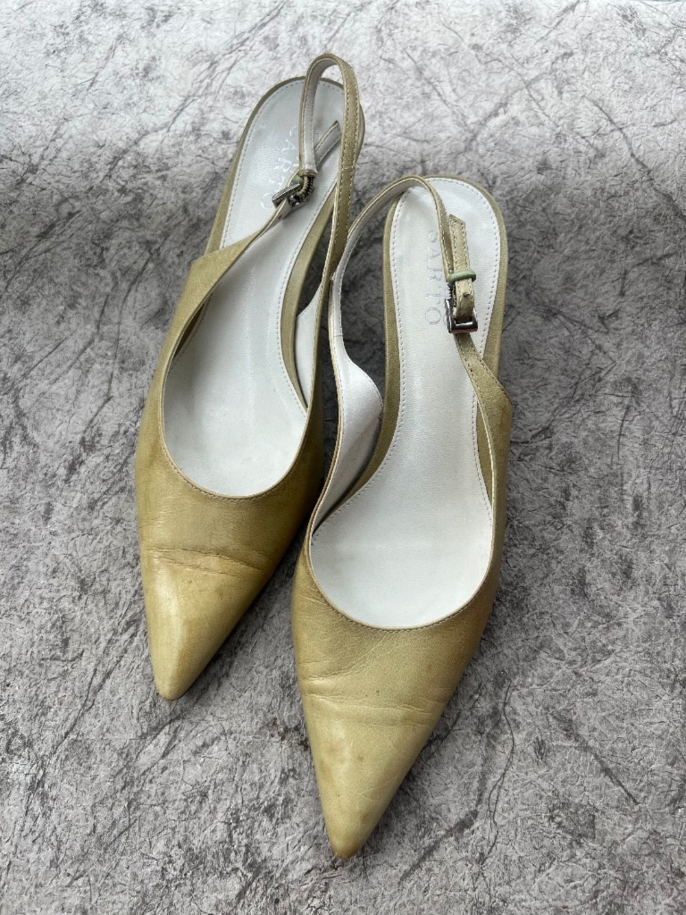 Franco Sarto Sage Green Leather Slingback Kitten Heels 9M Pointed Toe